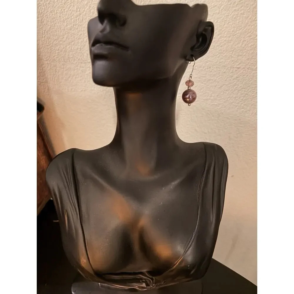 Vintage Pink Stone Purple Bead Fashion Earrings, Dangle Earrings Handmade